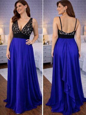 NWT Julian Joyce Mandalay Black Lace Indigo Formal Gown $895